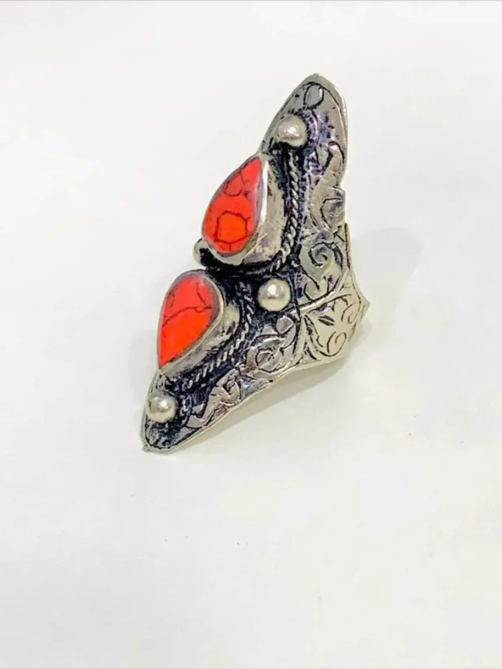 Kuchi Dual Red Stone Ring: Tribal Ethnic Bohemian Jewelry